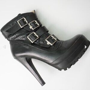 Steve Madden Black Leather Platform Aviator Boots with Straps, Buckles & Snaps 8